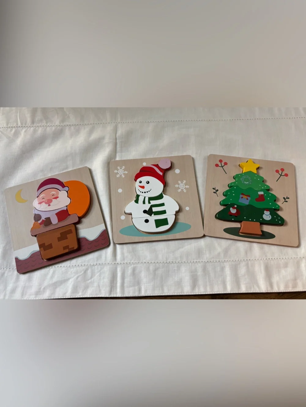 Wooden Christmas Puzzle Set - Snowman, Santa & Tree - Festive Kids Toy